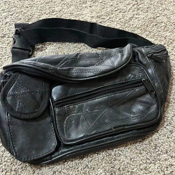 Vintage Soft Leather Fanny Pack Waist Boho Crossbody Patchwork Black Belt Bag 90 - Picture 1 of 16